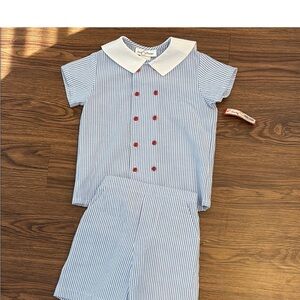 Blue Striped Short Sleeve Set with Red Buttons